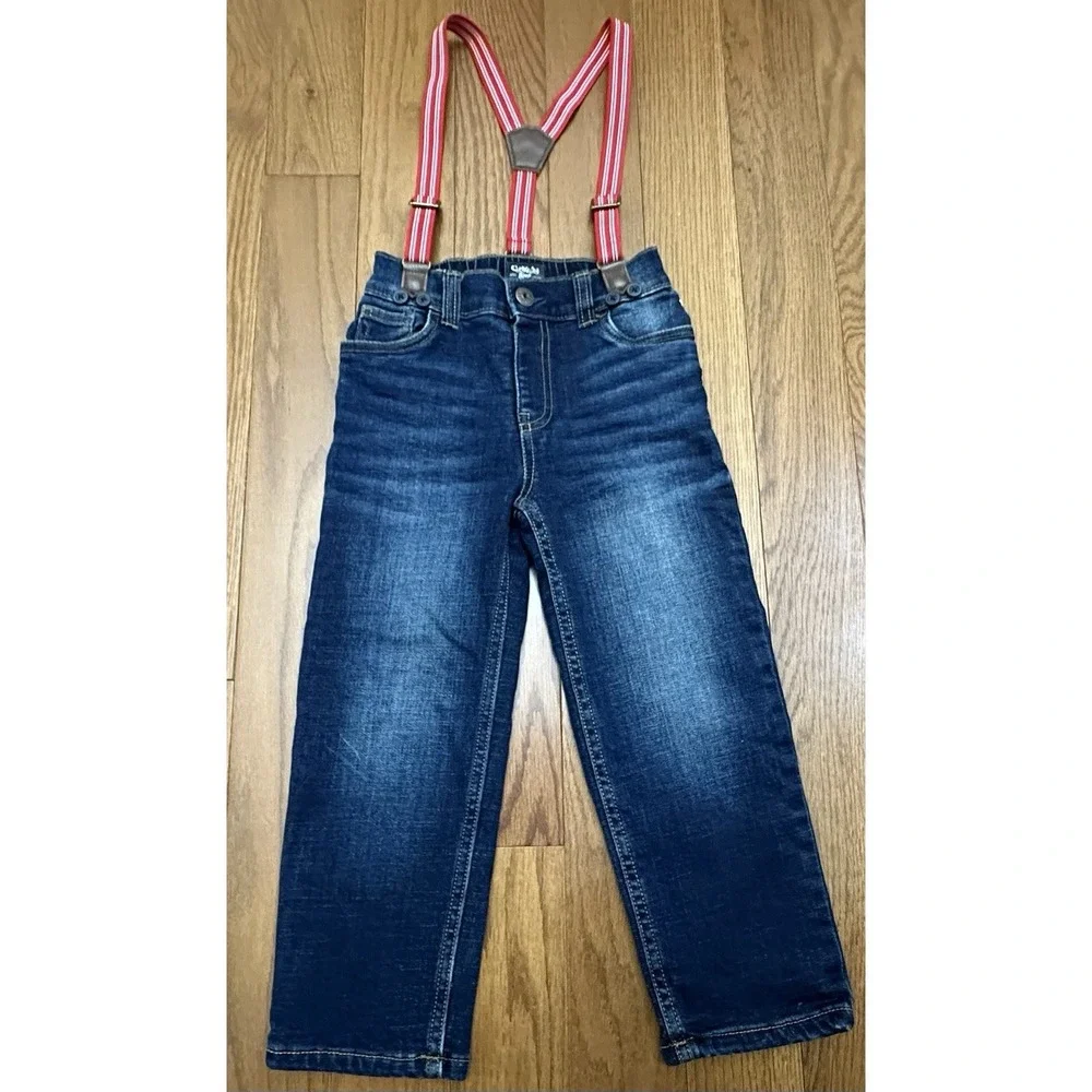 OshKosh B'gosh Boys 4T Lined Stretch  Jeans Red Suspenders Dark Wash NWT